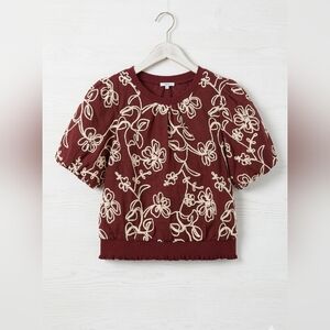 Voy Maroon And Cream Floral Embroidered Burgundy Top~Size Medium~NWOT